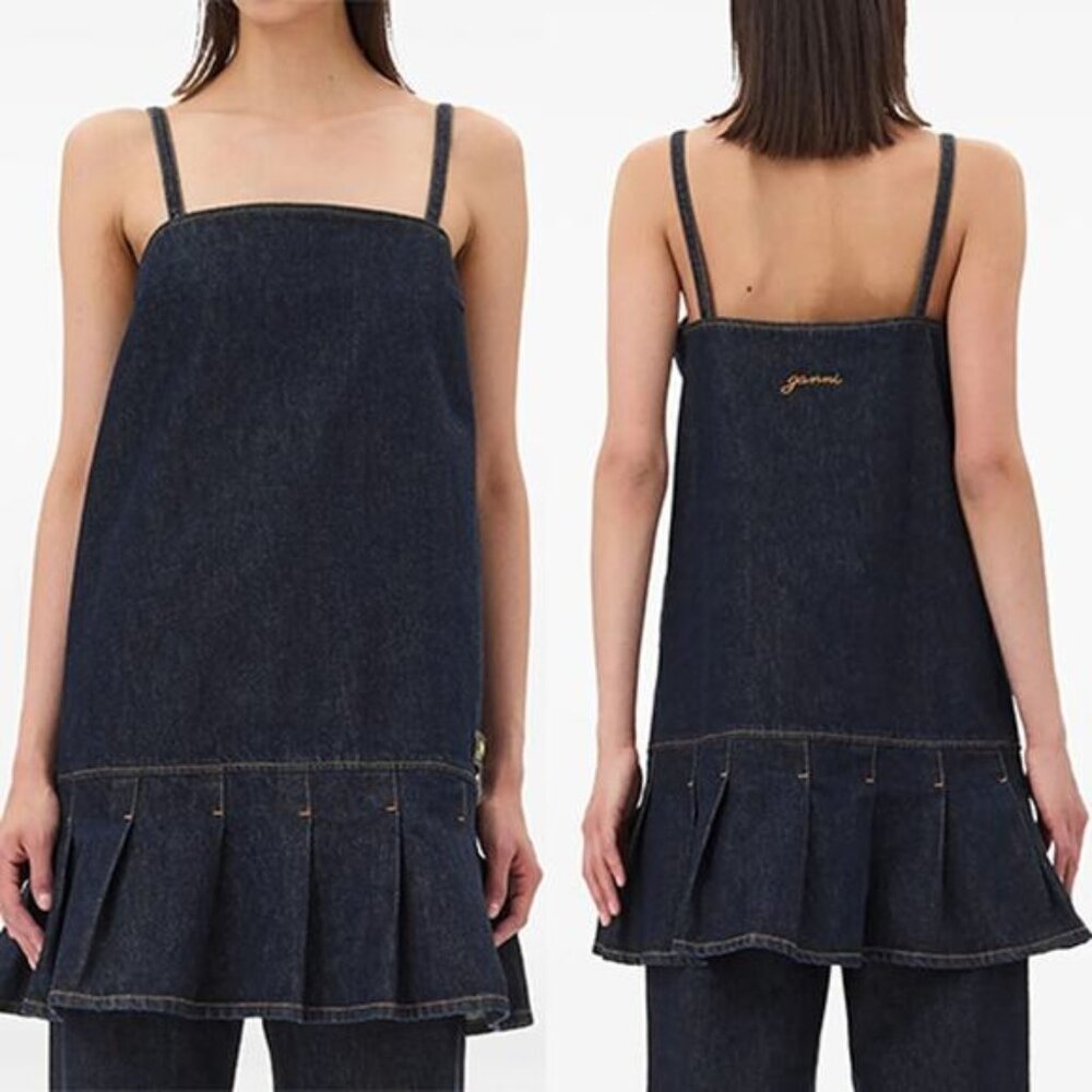 NWT Ganni Pleated Hem Denim Sleeveless Mini Dress Indigo Blue Size: XS